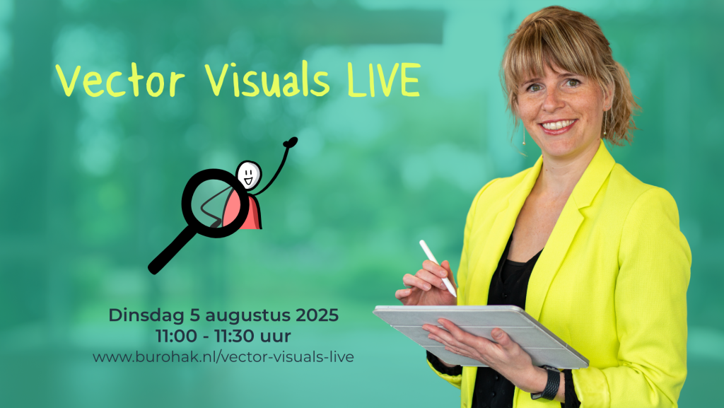 Visual met Nanet Hak van Buro Hak rechts en links de aankondiging van het webinar Vector Visuals LIVE. Dinsdag 5 augustus 2025 om 11:30uur. Aanmelden burohak.nl/vector-visuals-live.