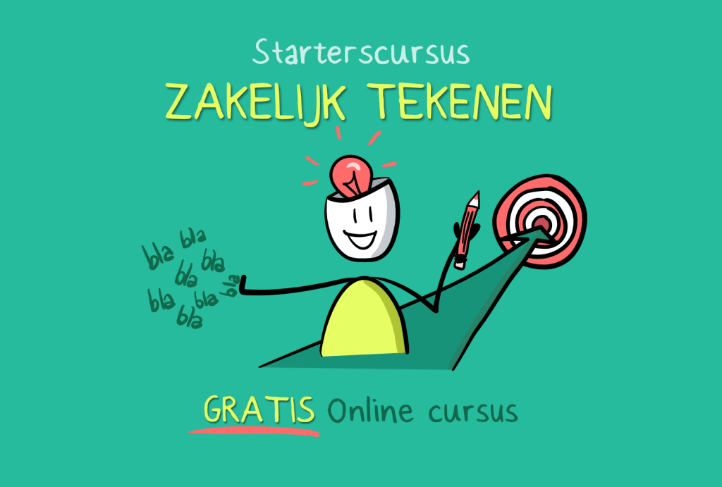 Illustratie van een poppetje met potlood dat alle blabla aan de kant duwt en naar het doel snelt. Symbool voor de Starterscursus Zakelijk Tekenen, een gratis online cursus van Buro Hak (Nanet Hak).