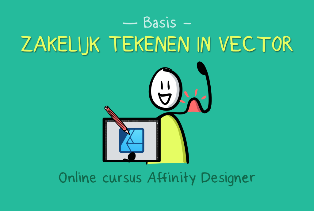 Illustratie van een poppetje wat zijn spierballen toont met een iPad met Affinity Designer logo erop en een potlood dat verwijst naar de basiscursus Zakelijk tekenen in vector, een online cursus Affinity Designer van Buro Hak (Nanet Hak).