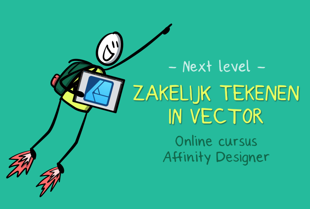 Illustratie van een vliegend poppetje met iPad met Affinity Designer logo erop en rugzak bij de training Zakelijk tekenen in vector – Next Level, online cursus Affinity Designer van Buro Hak (Nanet Hak).