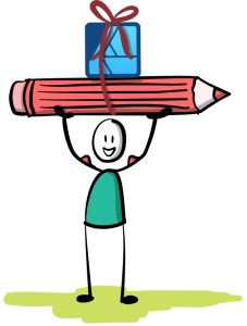 Illustratie van een vrolijk poppetje dat een groot rood potlood boven zijn hoofd tilt met daarop het Affinity Designer-logo gebonden. Visual voor de Bootcamp 4-daagse van Buro Hak (Nanet Hak).