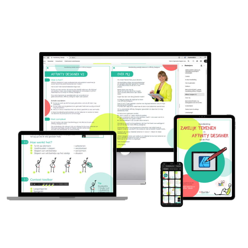 Mock-up van de handleiding Zakelijk tekenen in Affinity Designer op de iPad van Buro Hak, weergegeven op verschillende apparaten: desktop, laptop, tablet en smartphone. De kleurrijke, illustratieve opmaak toont dat de handleiding digitaal te gebruiken is op elk schermformaat.