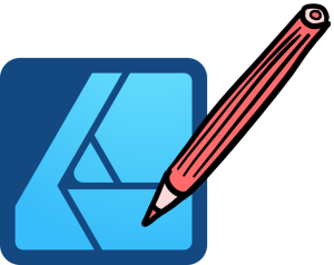 Illustratie van het blauwe Affinity Designer-logo met een rood potlood eroverheen, symbool voor digitaal tekenen en ontwerpen. Visual van Buro Hak (Nanet Hak) bij de handleiding Zakelijk tekenen in Affinity Designer.