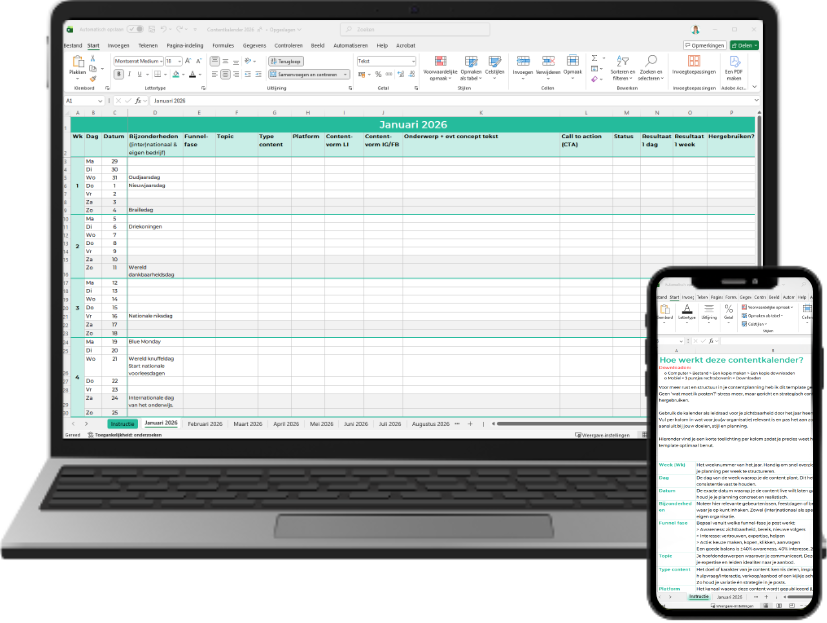 Contentkalender 2026 in Excel met inhaakmomenten en funnelstructuur