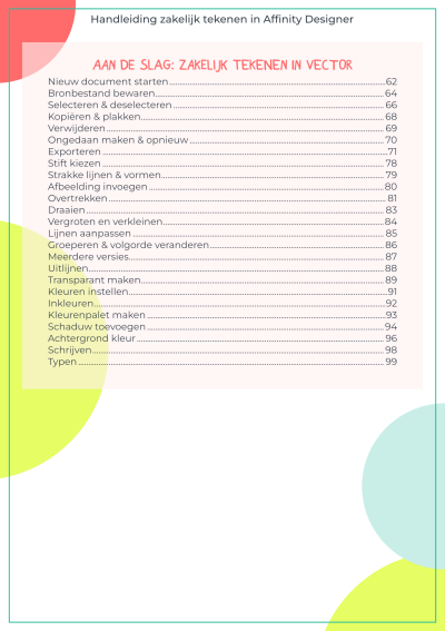 Inhoudsopgave uit de handleiding van Buro Hak (Nanet Hak) voor het onderdeel Aan de slag: Zakelijk Tekenen in Vector met onderwerpen als nieuw document starten, selecteren, exporteren, lijnen aanpassen en kleuren instellen.
