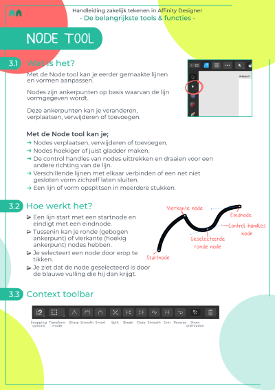 Handleidingpagina van Buro Hak (Nanet Hak) over de Node Tool in Affinity Designer: aanpassen, verplaatsen en verbinden van lijnen en vormen.
