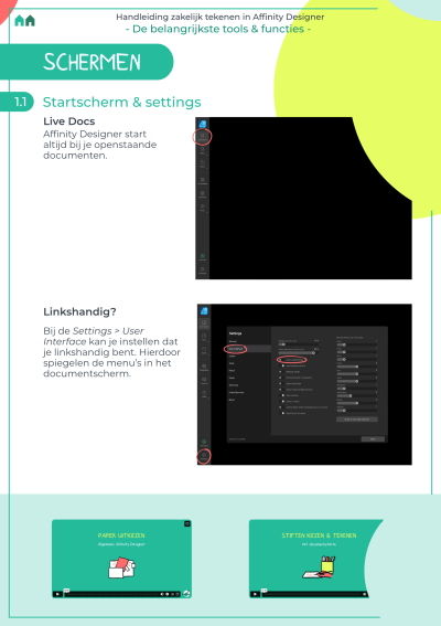 Pagina uit de handleiding van Buro Hak (Nanet Hak) met uitleg over het startscherm en instellingen in Affinity Designer, inclusief linkshandige interface-optie.