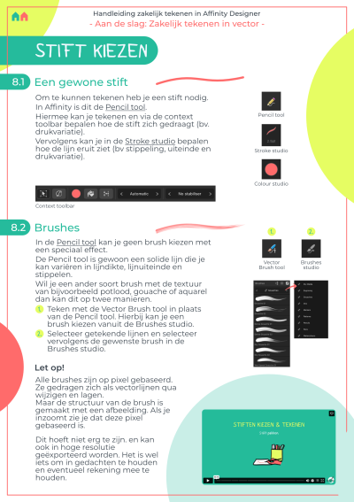 Pagina uit de handleiding van Buro Hak (Nanet Hak) over het kiezen van stiften en brushes in Affinity Designer, inclusief uitleg over de Pencil tool, Stroke studio en Brushes studio.