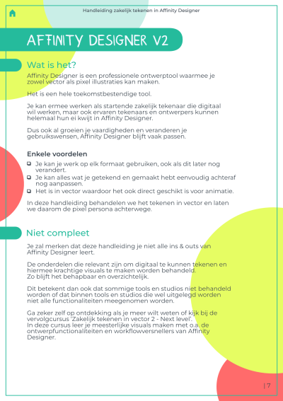 Pagina uit de Nederlandstalige Affinity Designer handleiding van Buro Hak (Nanet Hak) met uitleg over wat de applicatie en de handleiding inhoud.