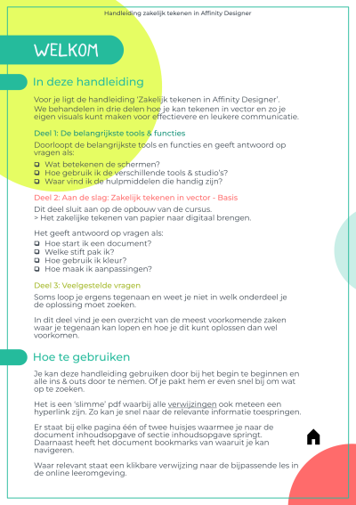 Welkomstpagina uit de nederlandstalige handleiding Affinity Designer van Buro Hak (Nanet Hak) met uitleg over de opbouw: tools & functies, zakelijk tekenen in vector en veelgestelde vragen.